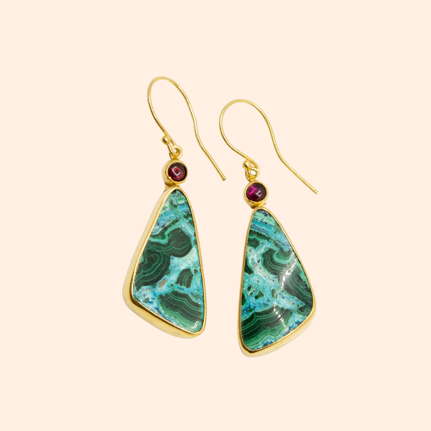 Emerald Tide – 18K Gold-Plated Earrings with Azurite-Malachite & Garnet | Handcrafted Ocean-Inspired Jewelry