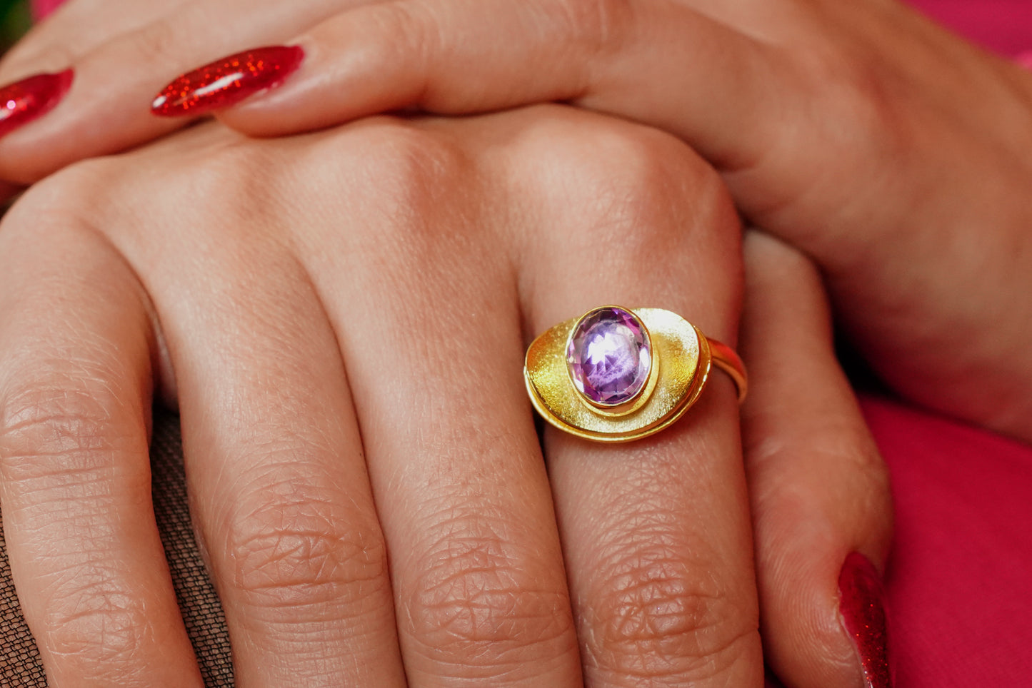 Crown of Selene – 18K Gold-Plated Ring with Amethyst Gemstone | Handcrafted Celestial-Inspired Jewelry