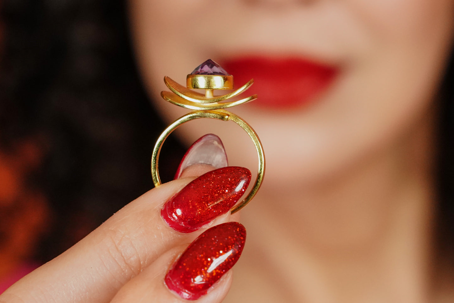 Crown of Selene – 18K Gold-Plated Ring with Amethyst Gemstone | Handcrafted Celestial-Inspired Jewelry