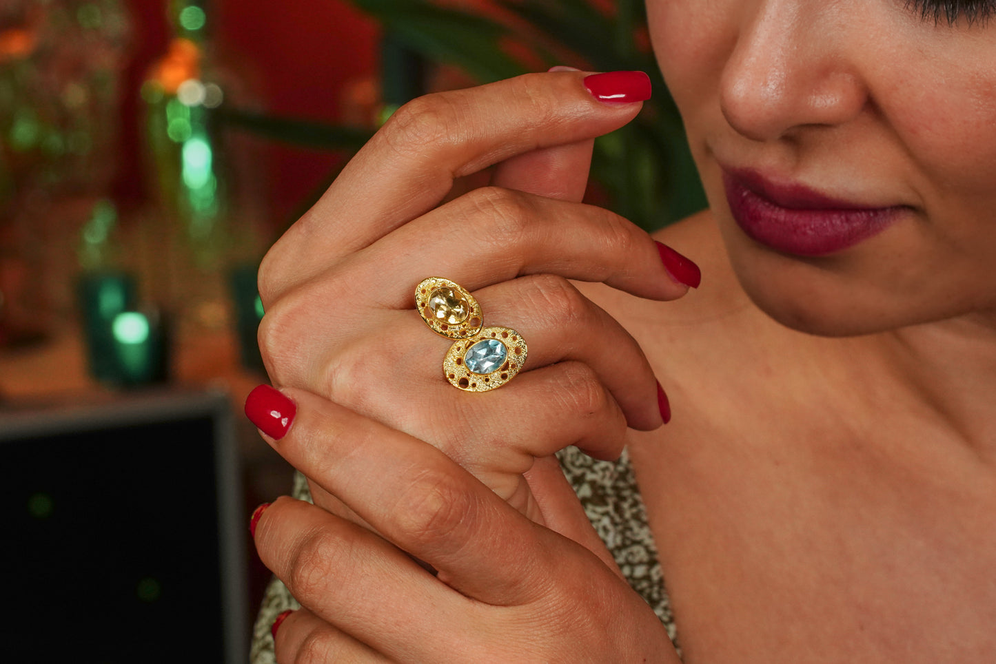 Solar Echo – 18K Gold-Plated Ring with Citrine & Topaz | Handcrafted Celestial-Inspired Jewelry