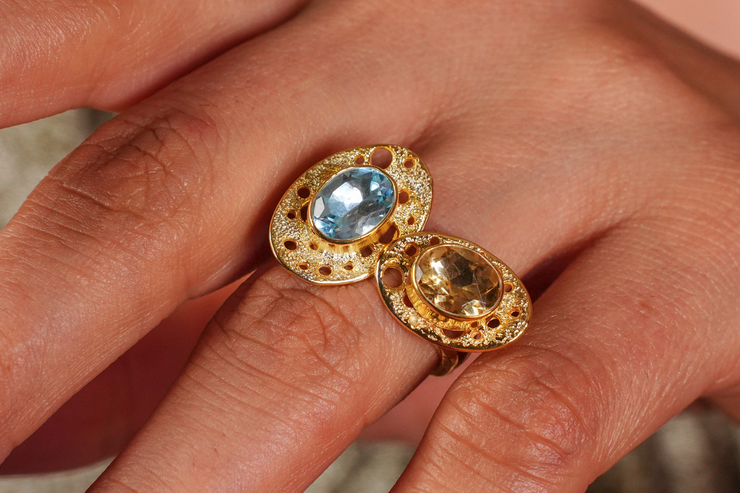Solar Echo – 18K Gold-Plated Ring with Citrine & Topaz | Handcrafted Celestial-Inspired Jewelry