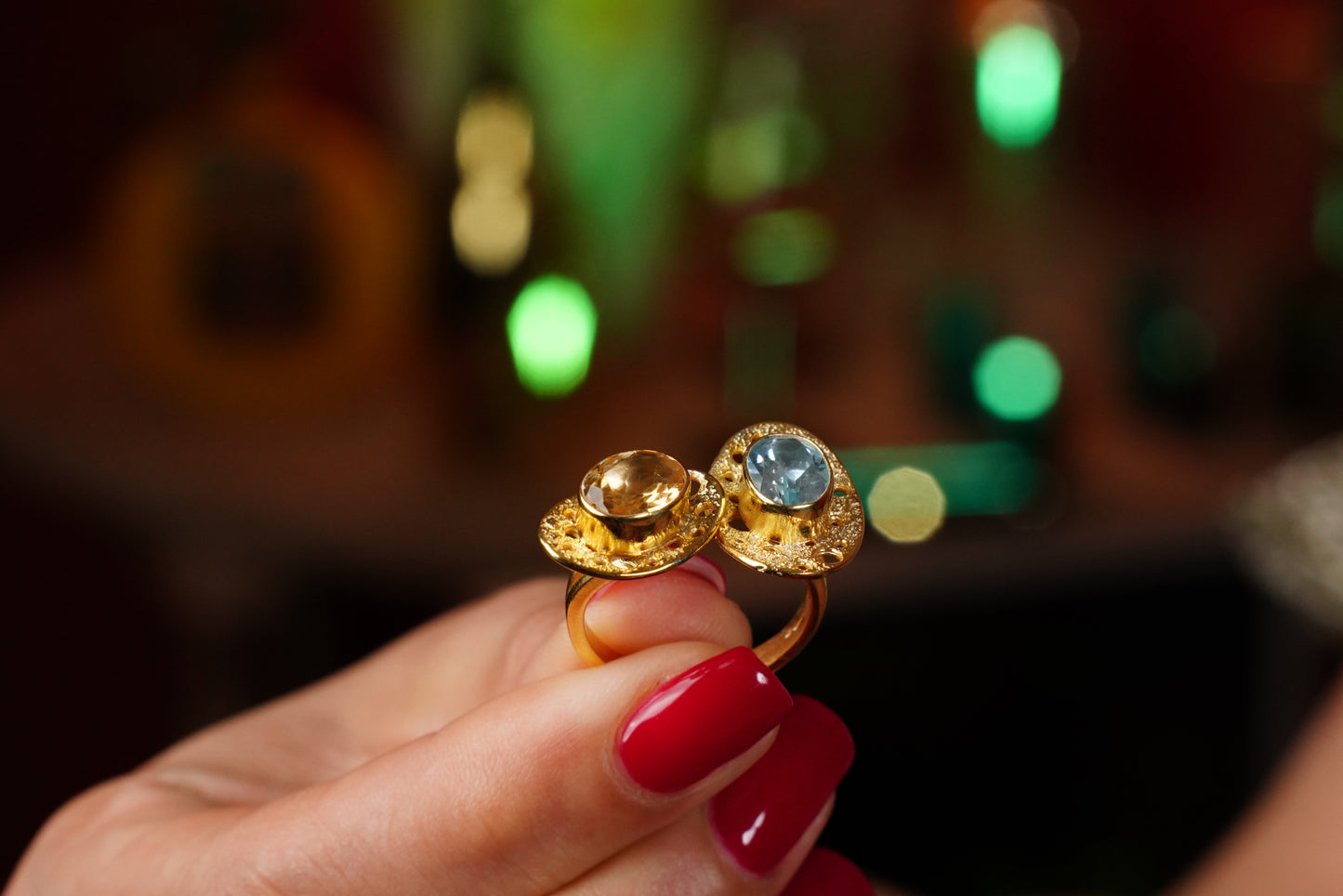 Solar Echo – 18K Gold-Plated Ring with Citrine & Topaz | Handcrafted Celestial-Inspired Jewelry