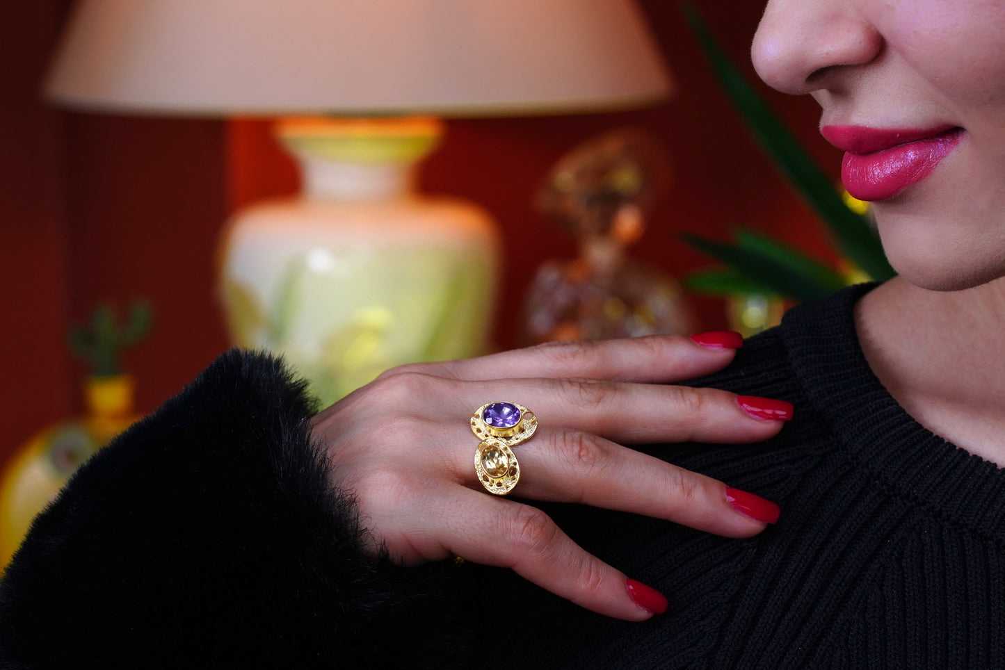 Celestial Orbit – 18K Gold-Plated Ring with Amethyst & Citrine | Handcrafted Celestial-Inspired Jewelry