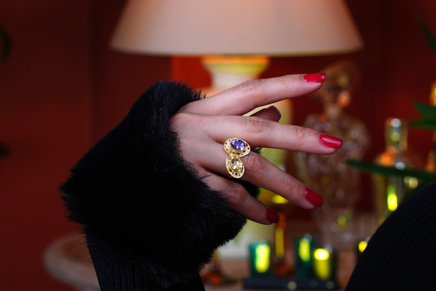 Celestial Orbit – 18K Gold-Plated Ring with Amethyst & Citrine | Handcrafted Celestial-Inspired Jewelry