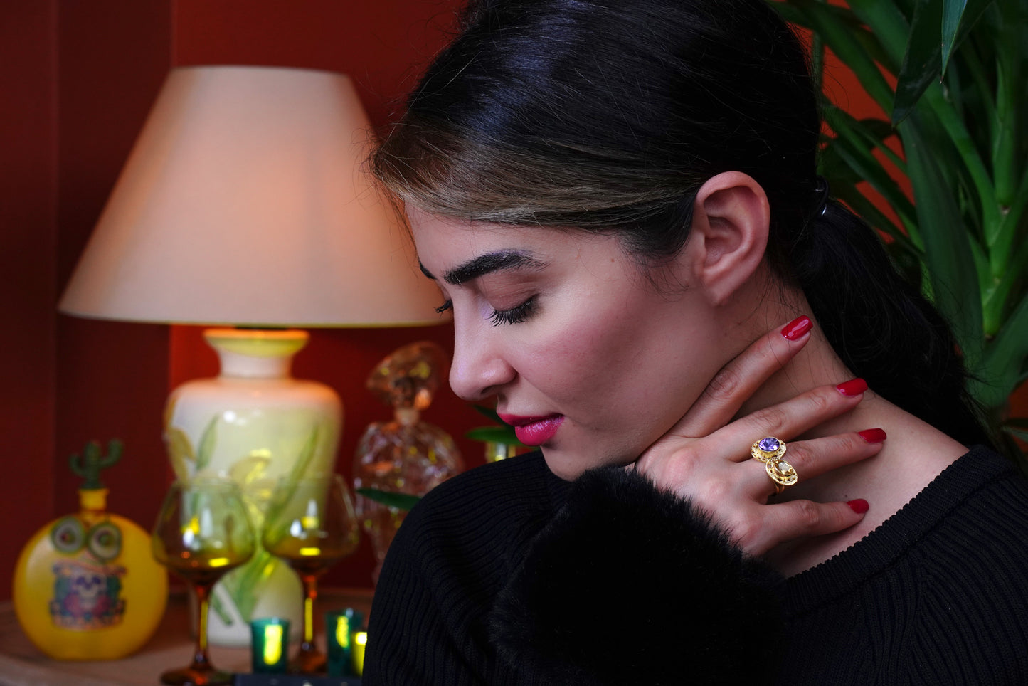 Celestial Orbit – 18K Gold-Plated Ring with Amethyst & Citrine | Handcrafted Celestial-Inspired Jewelry