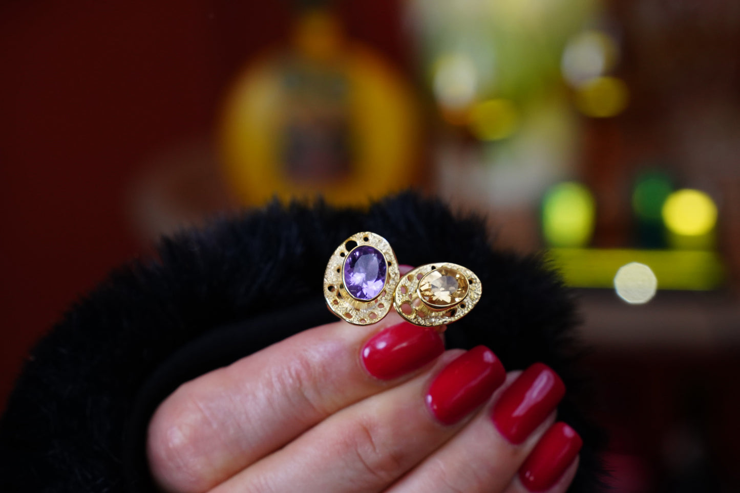 Celestial Orbit – 18K Gold-Plated Ring with Amethyst & Citrine | Handcrafted Celestial-Inspired Jewelry