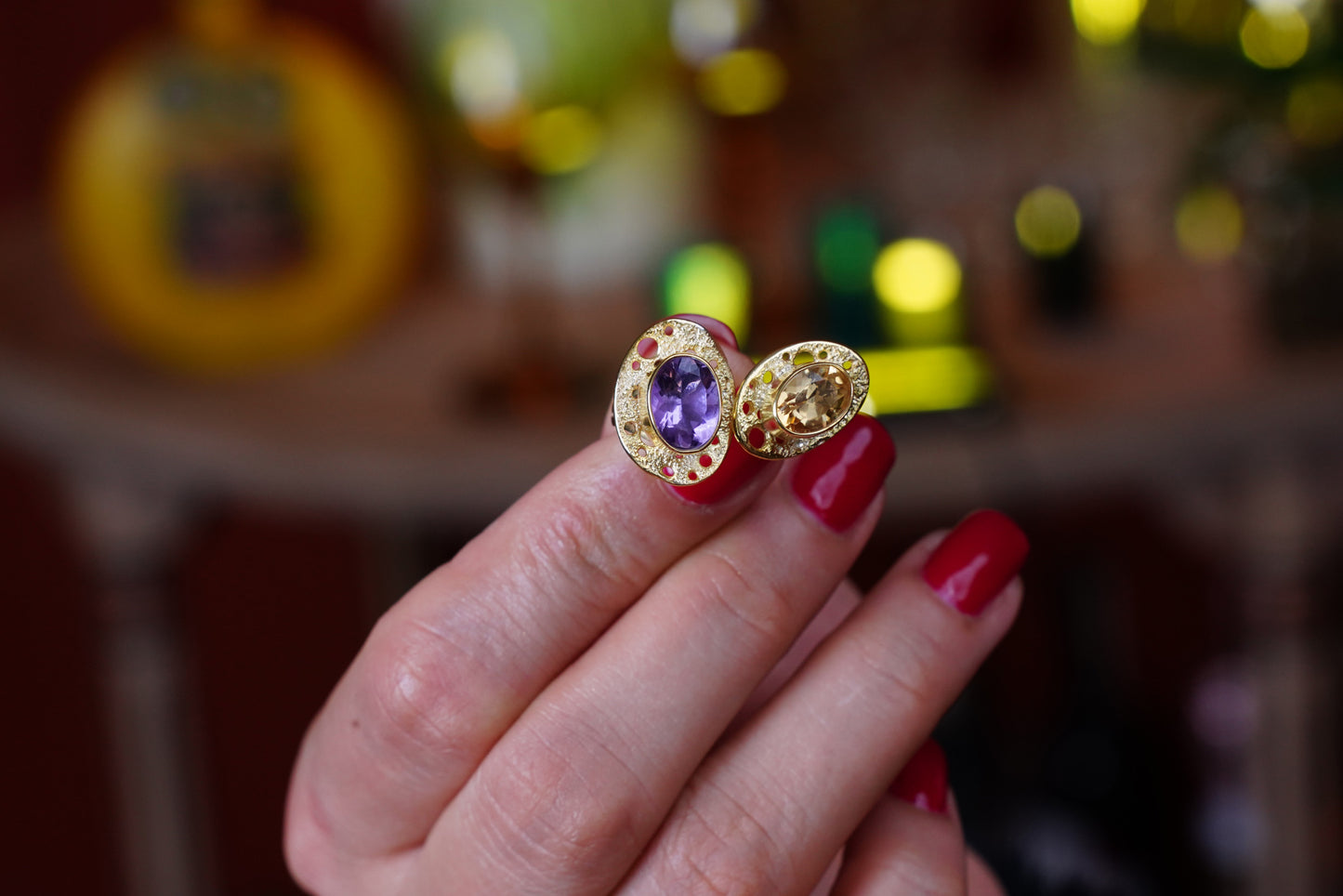 Celestial Orbit – 18K Gold-Plated Ring with Amethyst & Citrine | Handcrafted Celestial-Inspired Jewelry