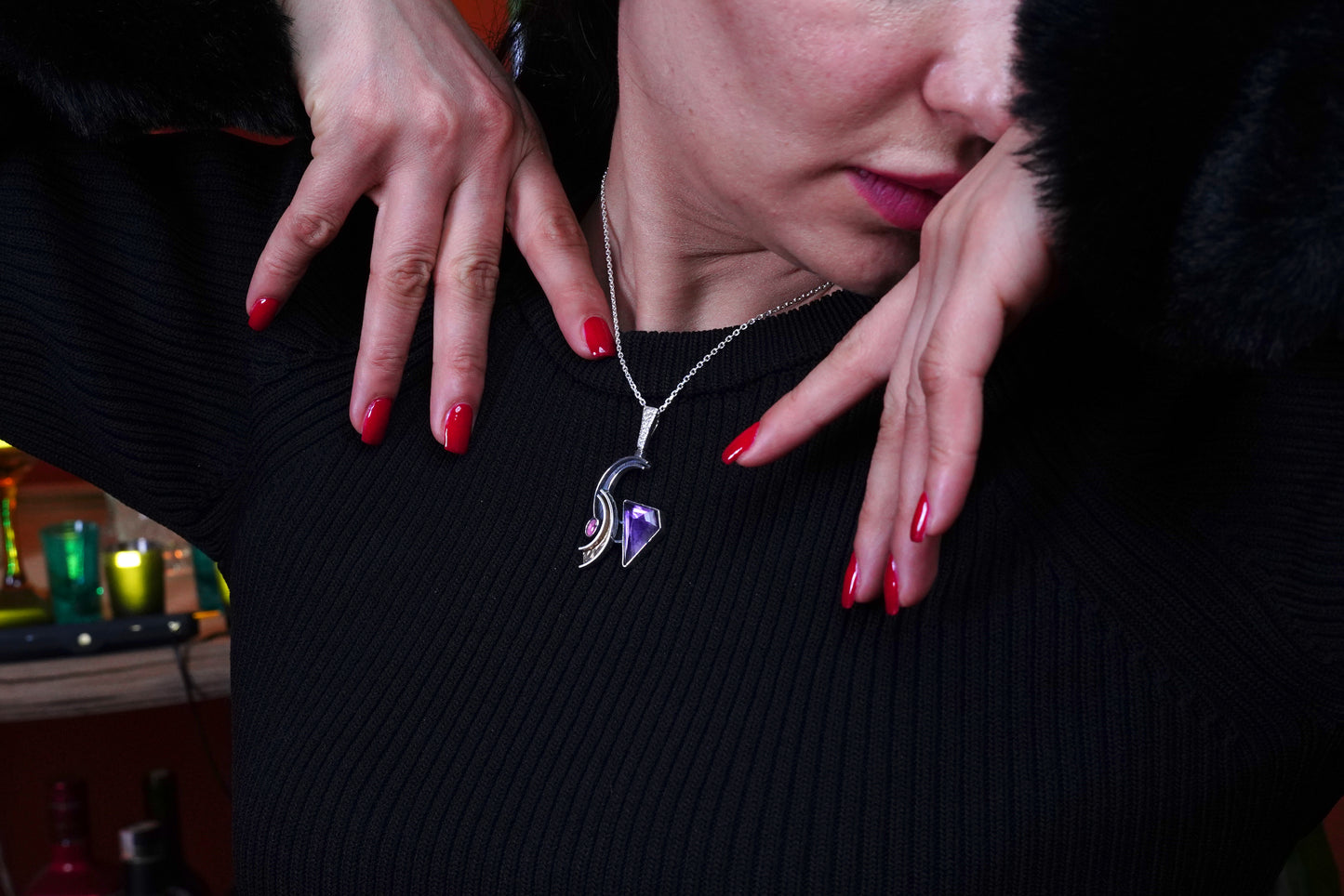 Celestial Drift – 925 Sterling Silver Necklace with Amethyst & Tourmaline | Handcrafted Celestial-Inspired Jewelry