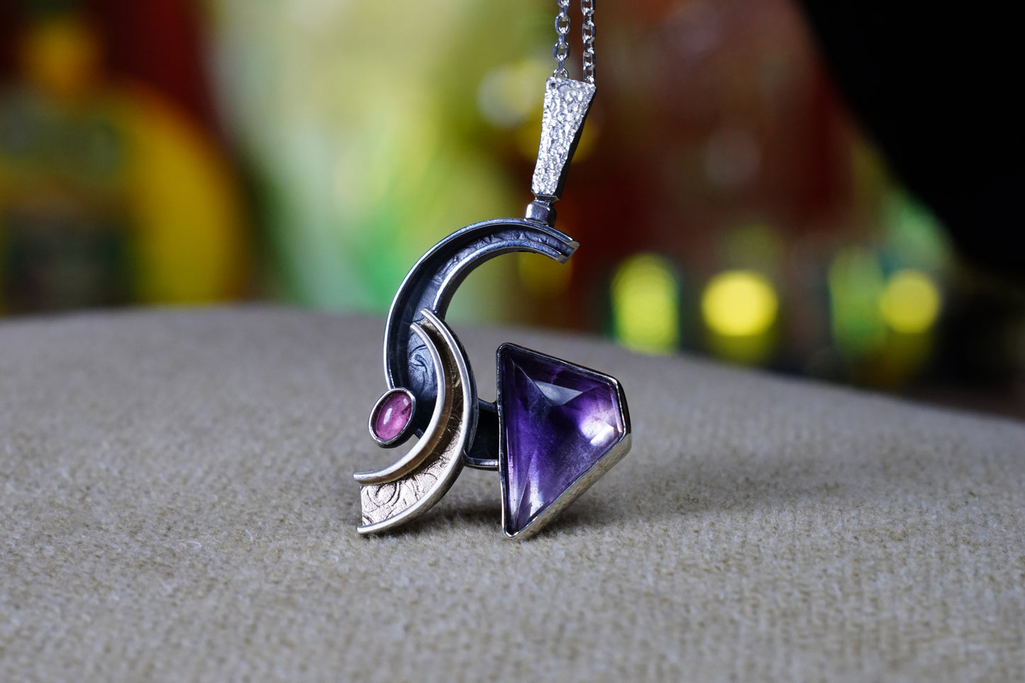 Celestial Drift – 925 Sterling Silver Necklace with Amethyst & Tourmaline | Handcrafted Celestial-Inspired Jewelry