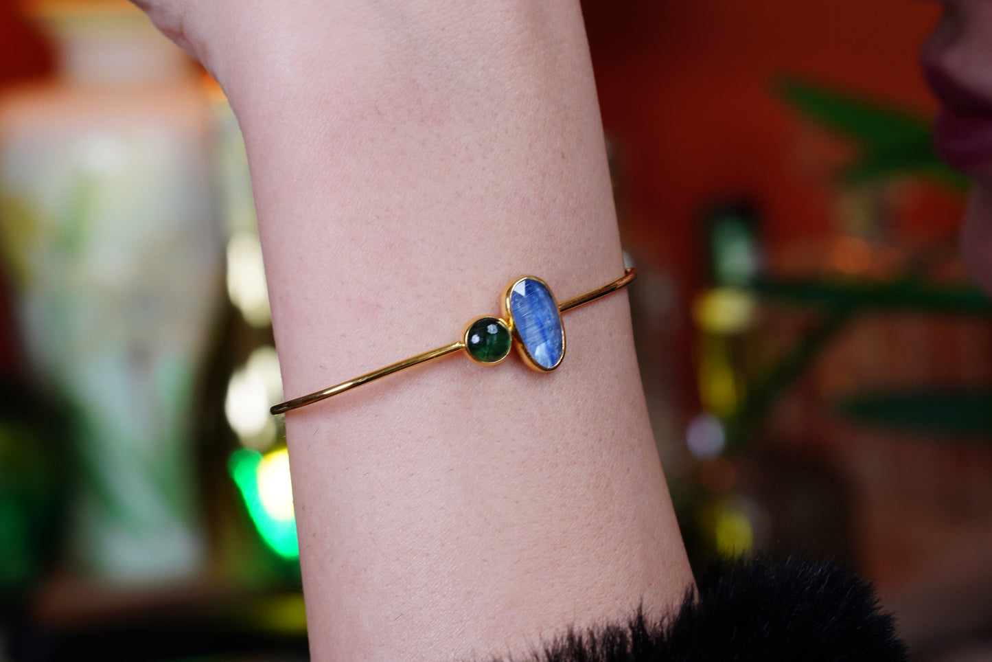 Celestial Flow – 22K Gold-Plated Sterling Silver Bracelet with Kyanite & Tourmaline | Handcrafted Gemstone Jewelry