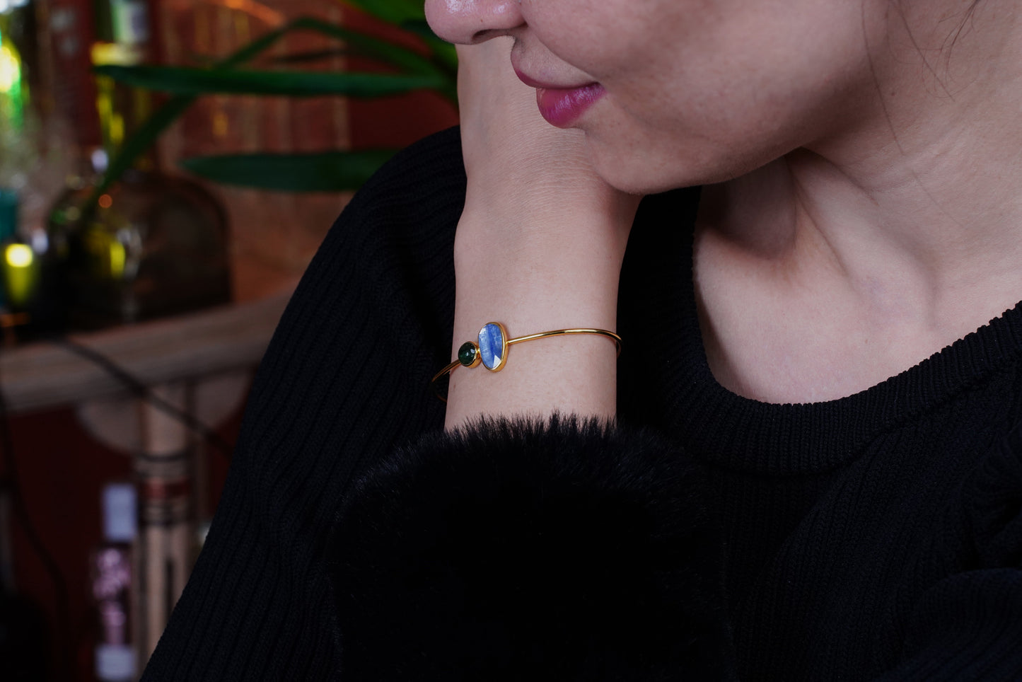 Celestial Flow – 22K Gold-Plated Sterling Silver Bracelet with Kyanite & Tourmaline | Handcrafted Gemstone Jewelry