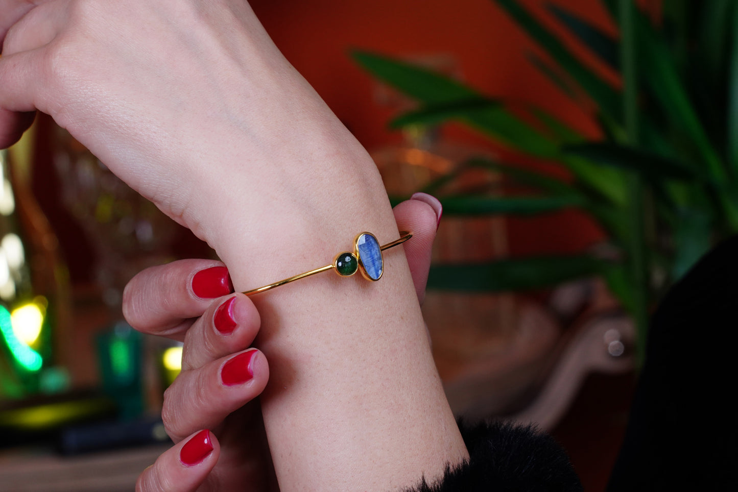 Celestial Flow – 22K Gold-Plated Sterling Silver Bracelet with Kyanite & Tourmaline | Handcrafted Gemstone Jewelry