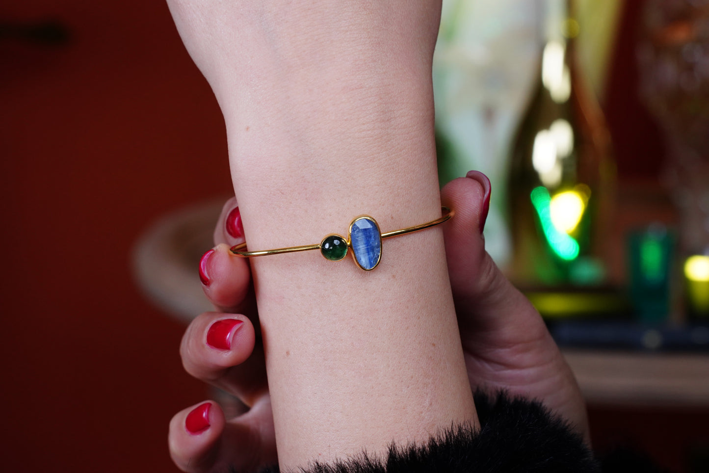 Celestial Flow – 22K Gold-Plated Sterling Silver Bracelet with Kyanite & Tourmaline | Handcrafted Gemstone Jewelry