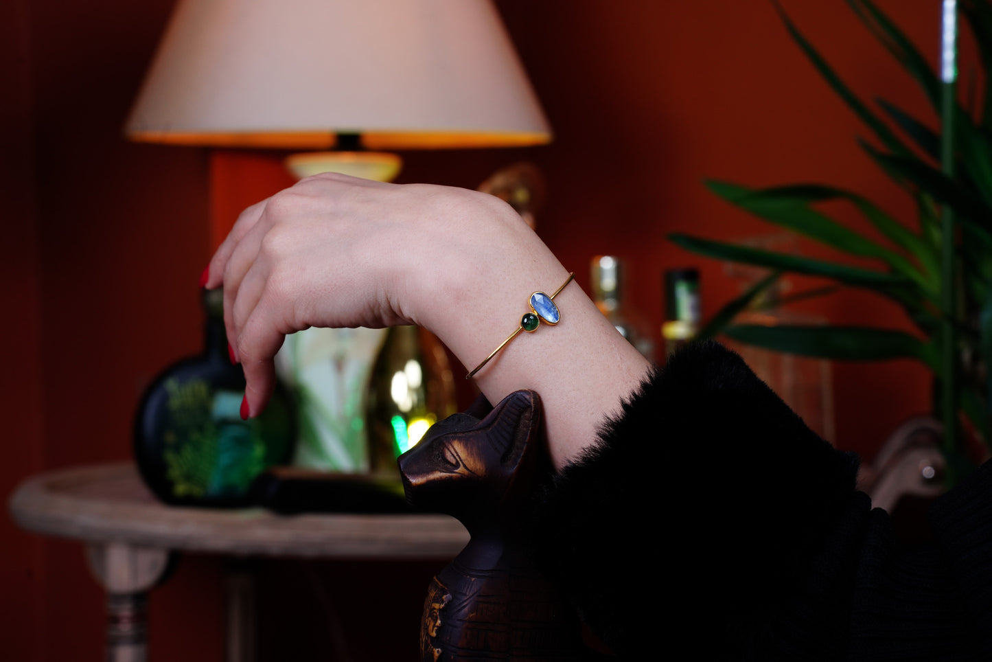Celestial Flow – 22K Gold-Plated Sterling Silver Bracelet with Kyanite & Tourmaline | Handcrafted Gemstone Jewelry