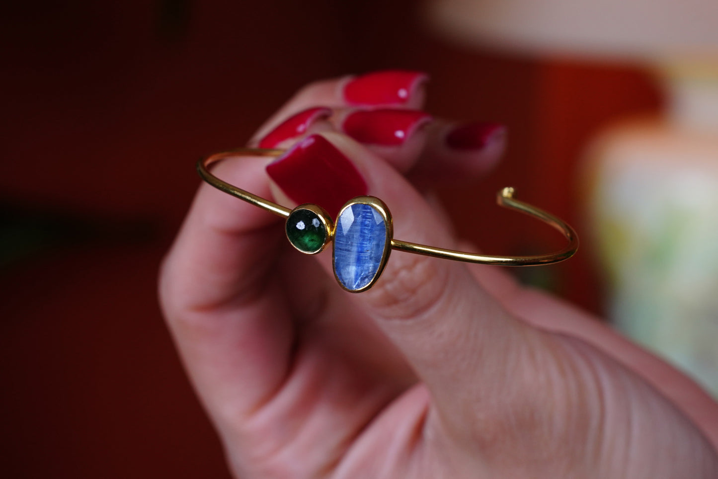 Celestial Flow – 22K Gold-Plated Sterling Silver Bracelet with Kyanite & Tourmaline | Handcrafted Gemstone Jewelry