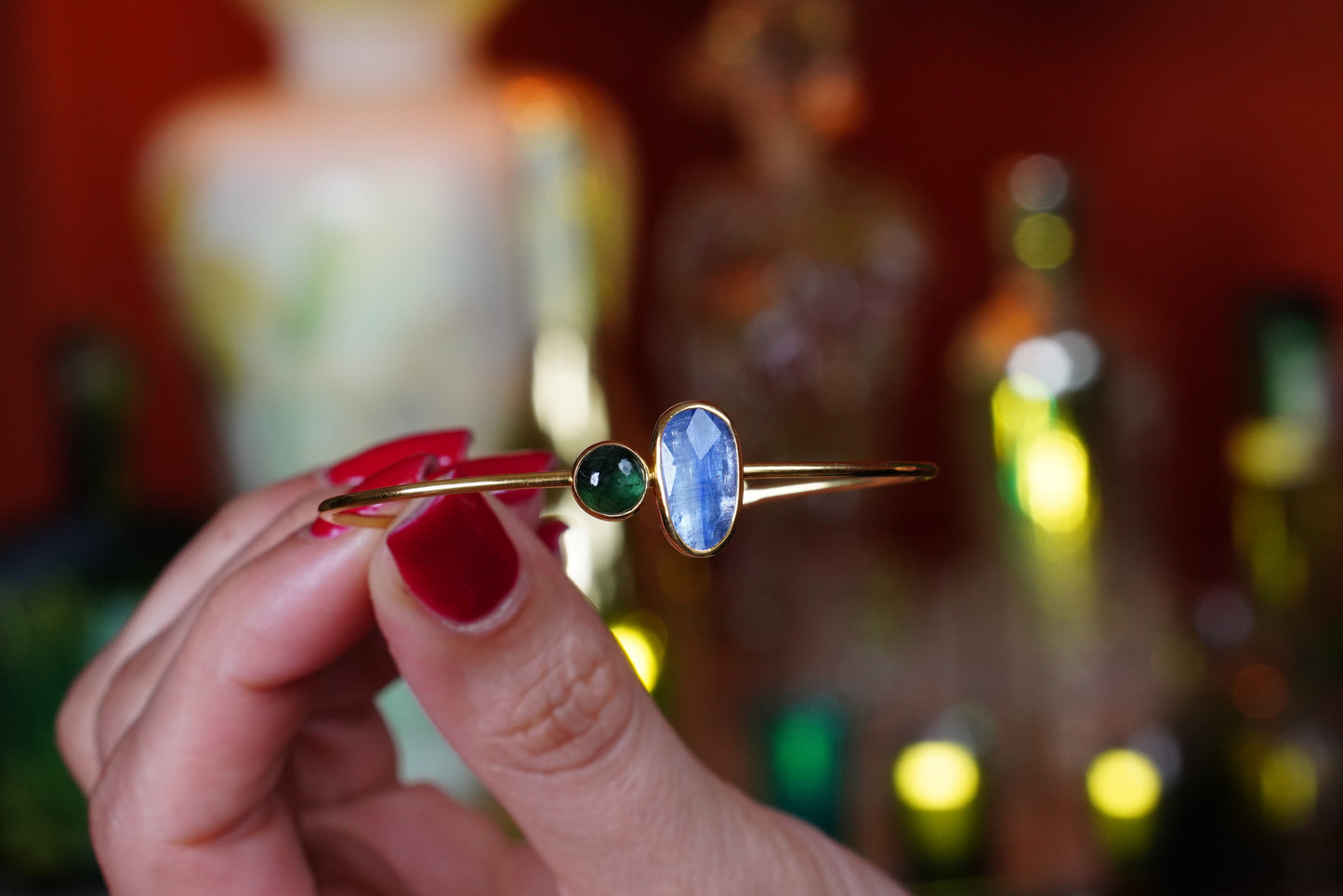 Celestial Flow – 22K Gold-Plated Sterling Silver Bracelet with Kyanite & Tourmaline | Handcrafted Gemstone Jewelry