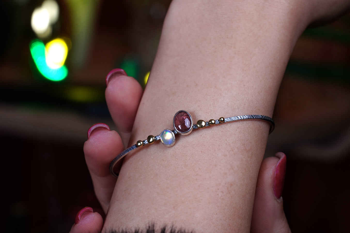 Lunar Radiance Sterling Silver Bracelet with Moonstone & Garnet – Elegant Handmade Jewelry