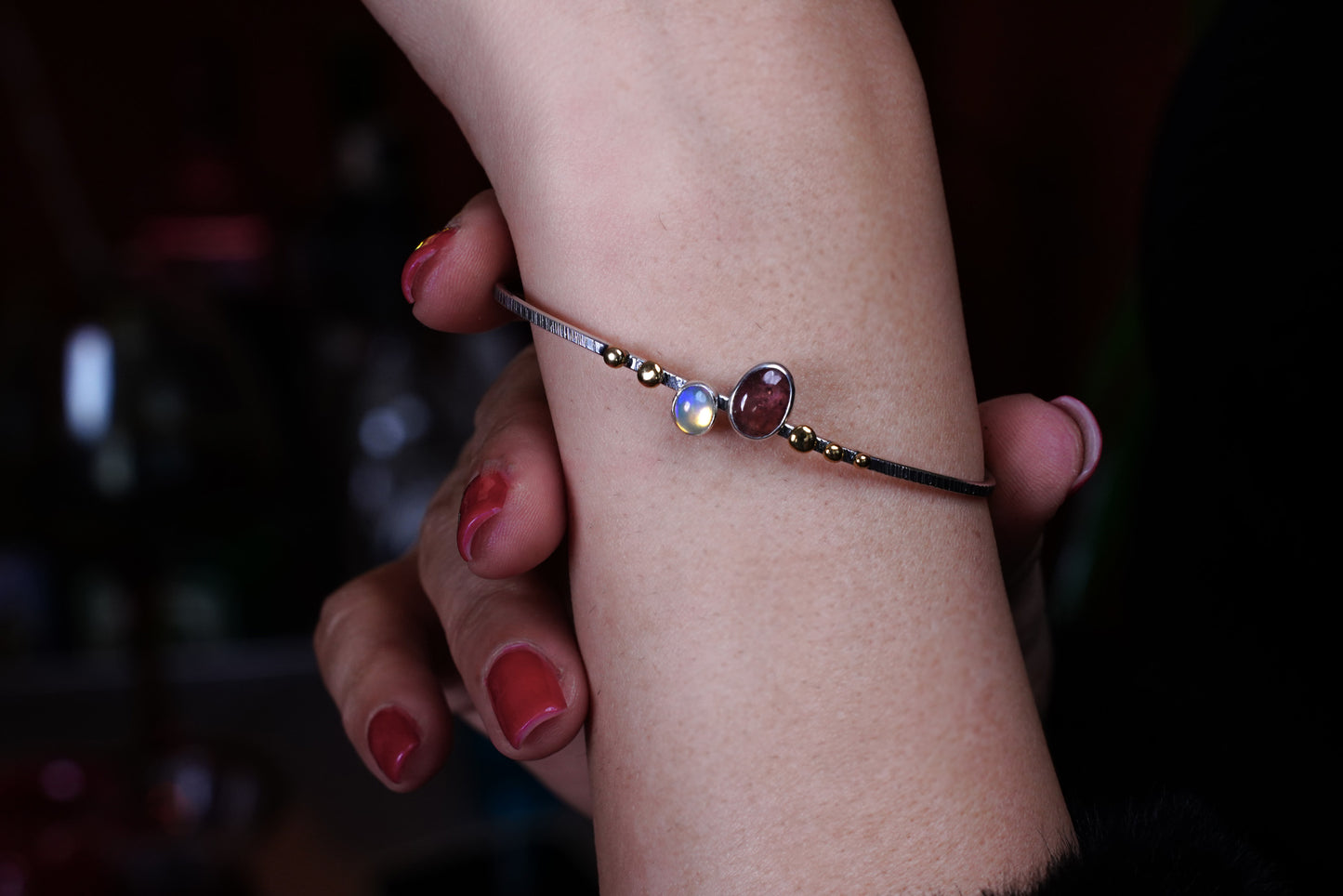 Lunar Radiance Sterling Silver Bracelet with Moonstone & Garnet – Elegant Handmade Jewelry