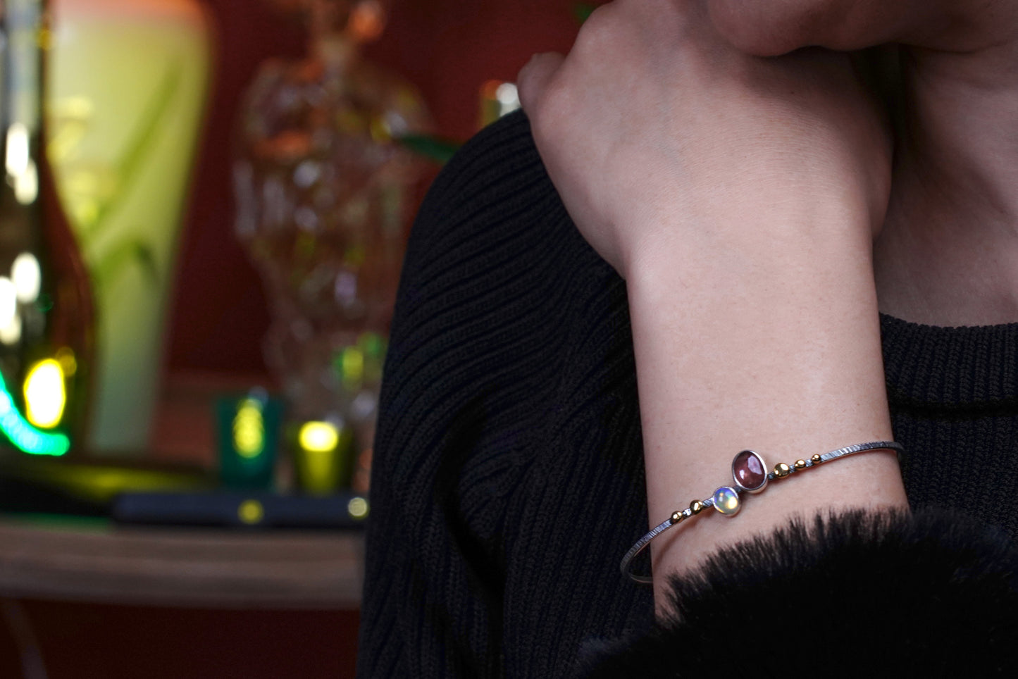 Lunar Radiance Sterling Silver Bracelet with Moonstone & Garnet – Elegant Handmade Jewelry