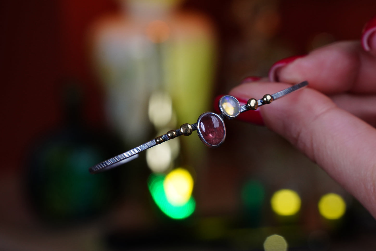 Lunar Radiance Sterling Silver Bracelet with Moonstone & Garnet – Elegant Handmade Jewelry