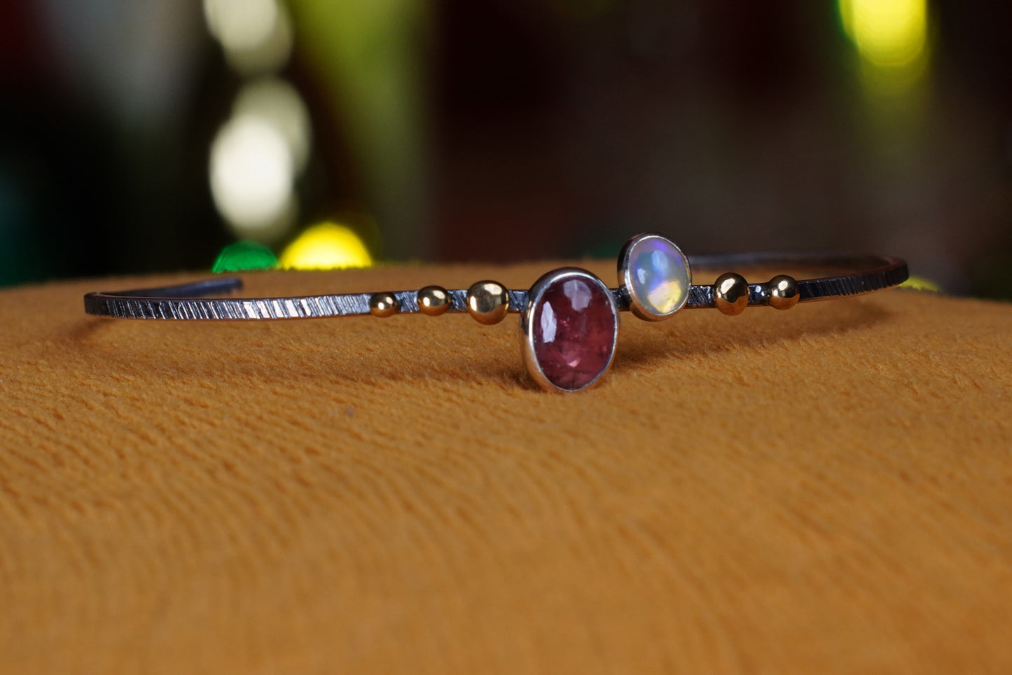 Lunar Radiance Sterling Silver Bracelet with Moonstone & Garnet – Elegant Handmade Jewelry
