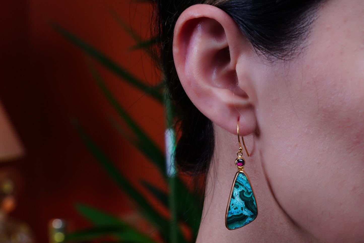 Emerald Tide – 18K Gold-Plated Earrings with Azurite-Malachite & Garnet | Handcrafted Ocean-Inspired Jewelry
