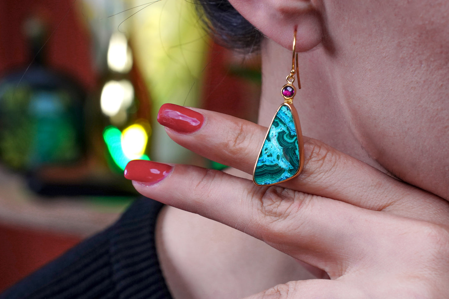 Emerald Tide – 18K Gold-Plated Earrings with Azurite-Malachite & Garnet | Handcrafted Ocean-Inspired Jewelry