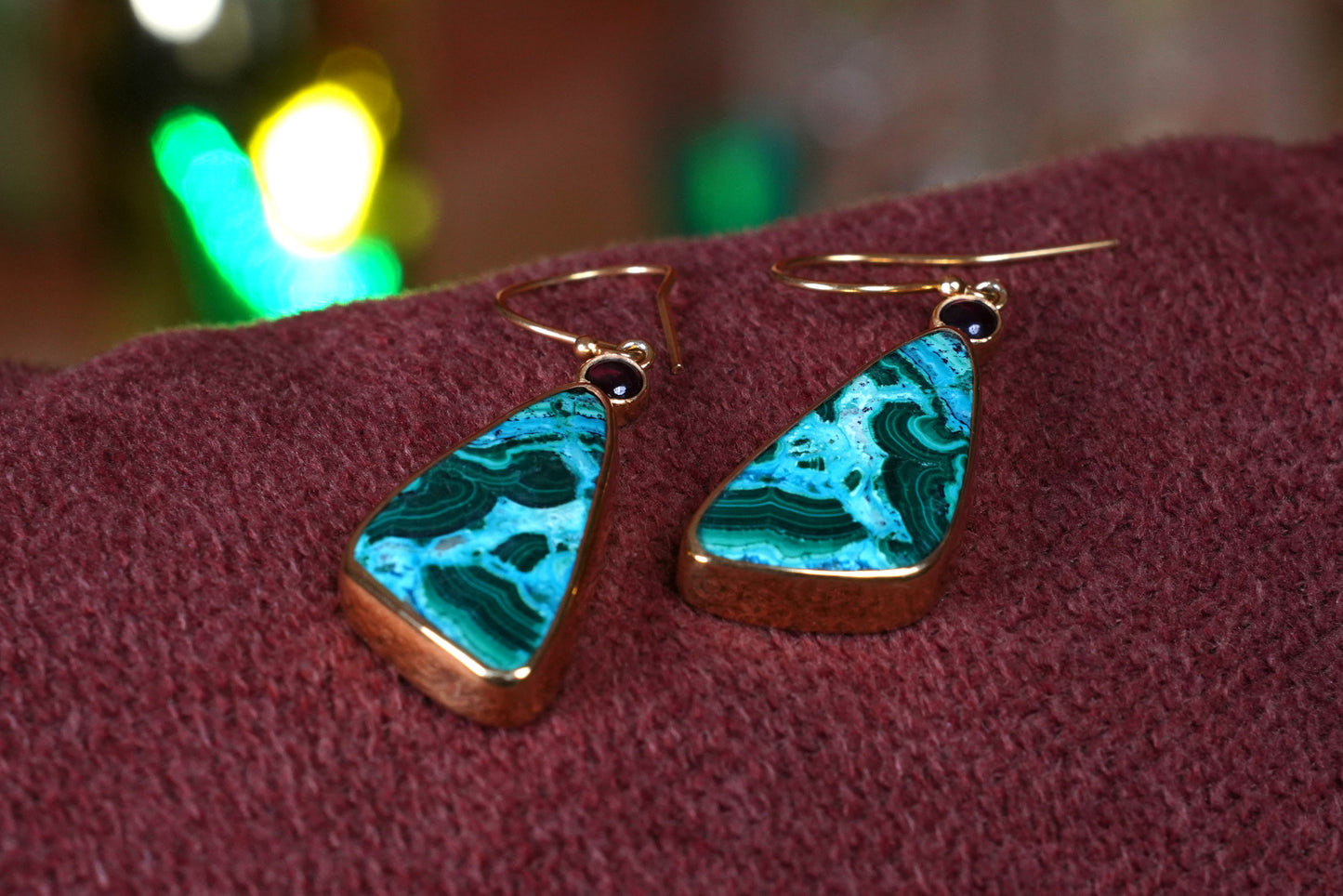 Emerald Tide – 18K Gold-Plated Earrings with Azurite-Malachite & Garnet | Handcrafted Ocean-Inspired Jewelry