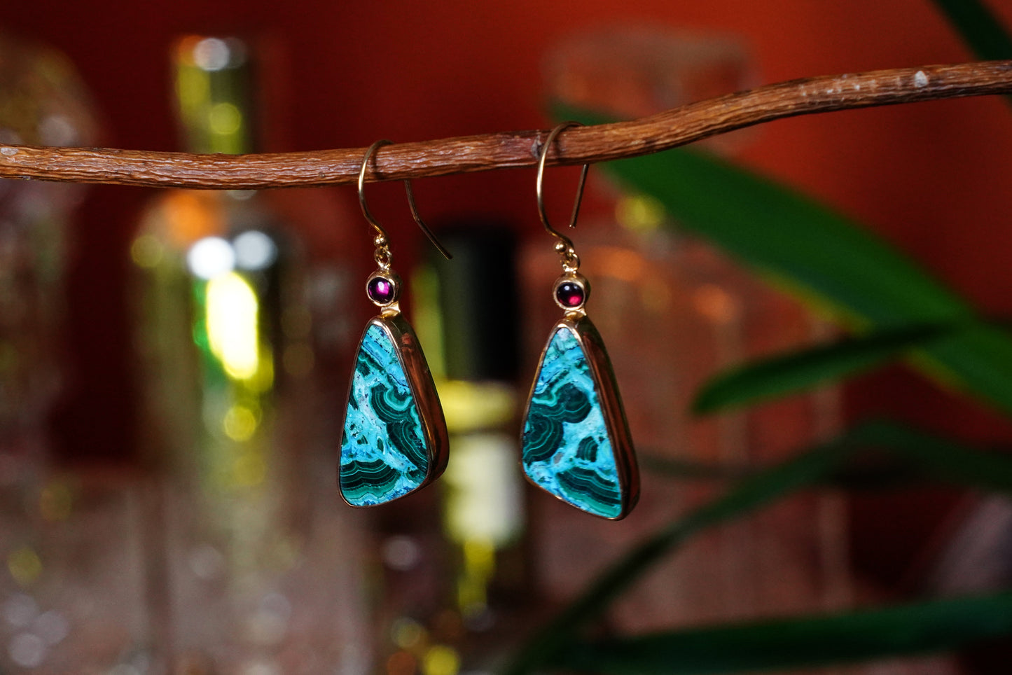 Emerald Tide – 18K Gold-Plated Earrings with Azurite-Malachite & Garnet | Handcrafted Ocean-Inspired Jewelry