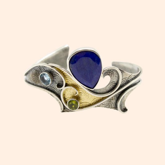 Ocean Sonata – 22K Gold-Plated Sterling Silver Bracelet with Lapis Lazuli, Blue Topaz & Peridot | Handcrafted Ocean-Inspired Jewelry