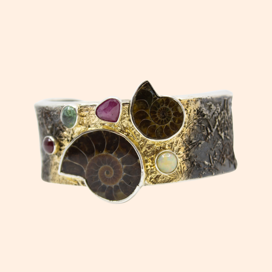 Eternal Spiral – 22K Gold-Plated Sterling Silver Bracelet with Ethiopian Opal, Ruby, Tourmaline & Garnet | Handcrafted Timeless Jewelry