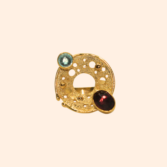 Celestial Gate – 18K Gold-Plated Ring with Kyanite & Peridot | Handcrafted Celestial-Inspired Jewelry