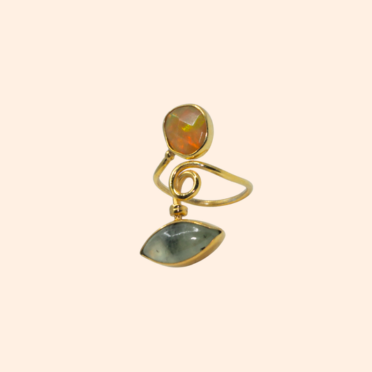 Soul Spiral – 18K Gold-Plated Ring with Prehnite & Ethiopian Opal | Handcrafted Celestial-Inspired Jewelry