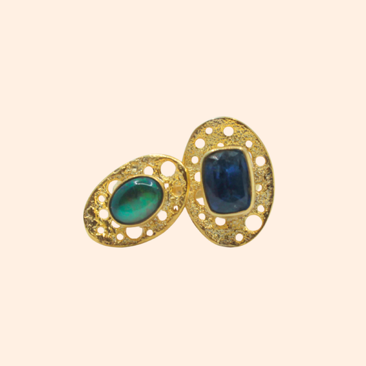 Aurora Twin – 18K Gold-Plated Ring with Kyanite & Black Opal | Handcrafted Celestial-Inspired Jewelry
