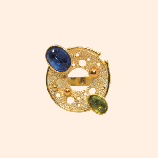 Stellar Veil – 18K Gold-Plated Ring with Blue Topaz & Garnet | Handcrafted Celestial-Inspired Jewelry